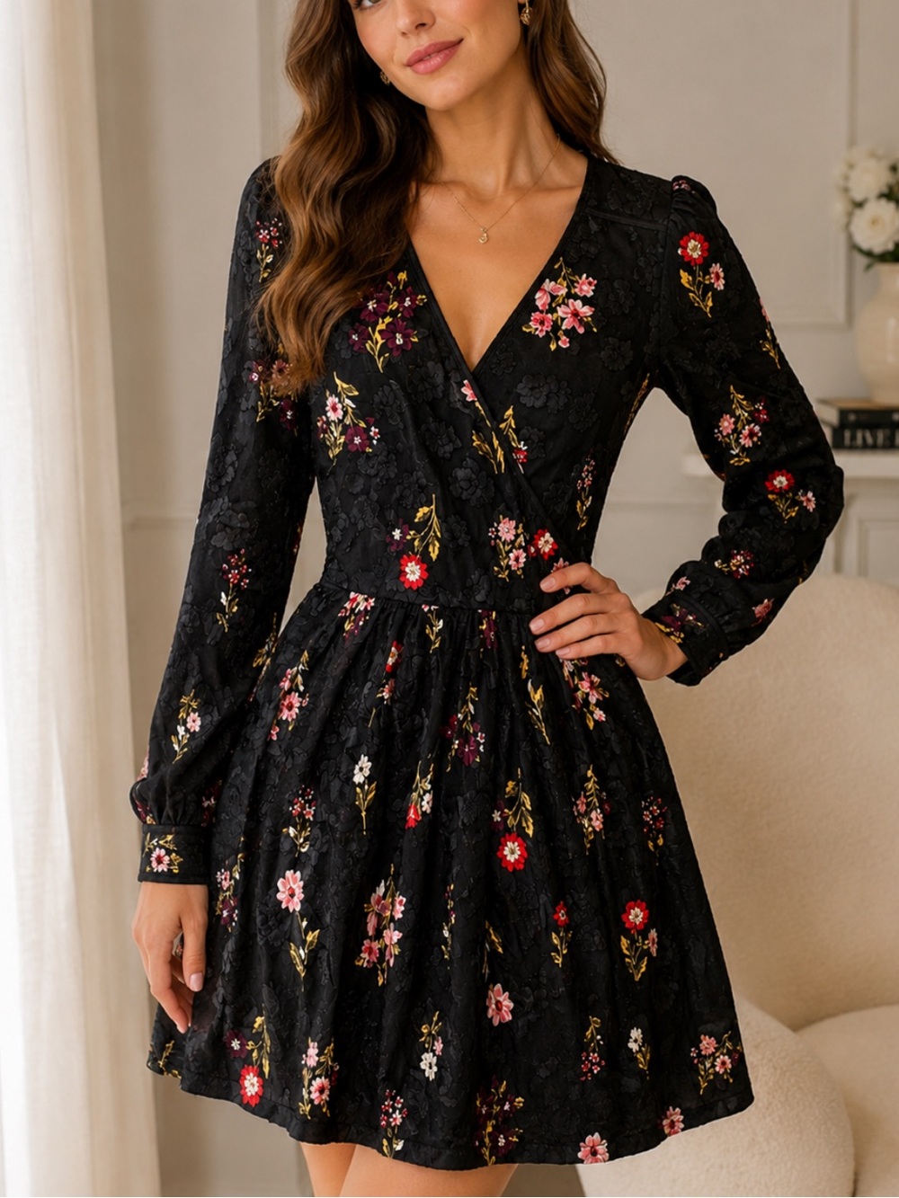 Kate Spade Romantic Floral Fit & Flare Dress Long Sleeve Jacquard Mini
